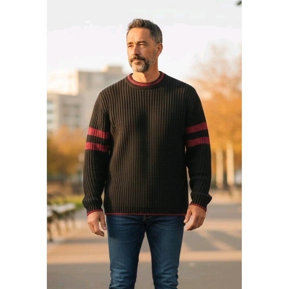 VTG 90s Weekends Textured Striped Sweater Adult L Black Red Chunky USA Natural